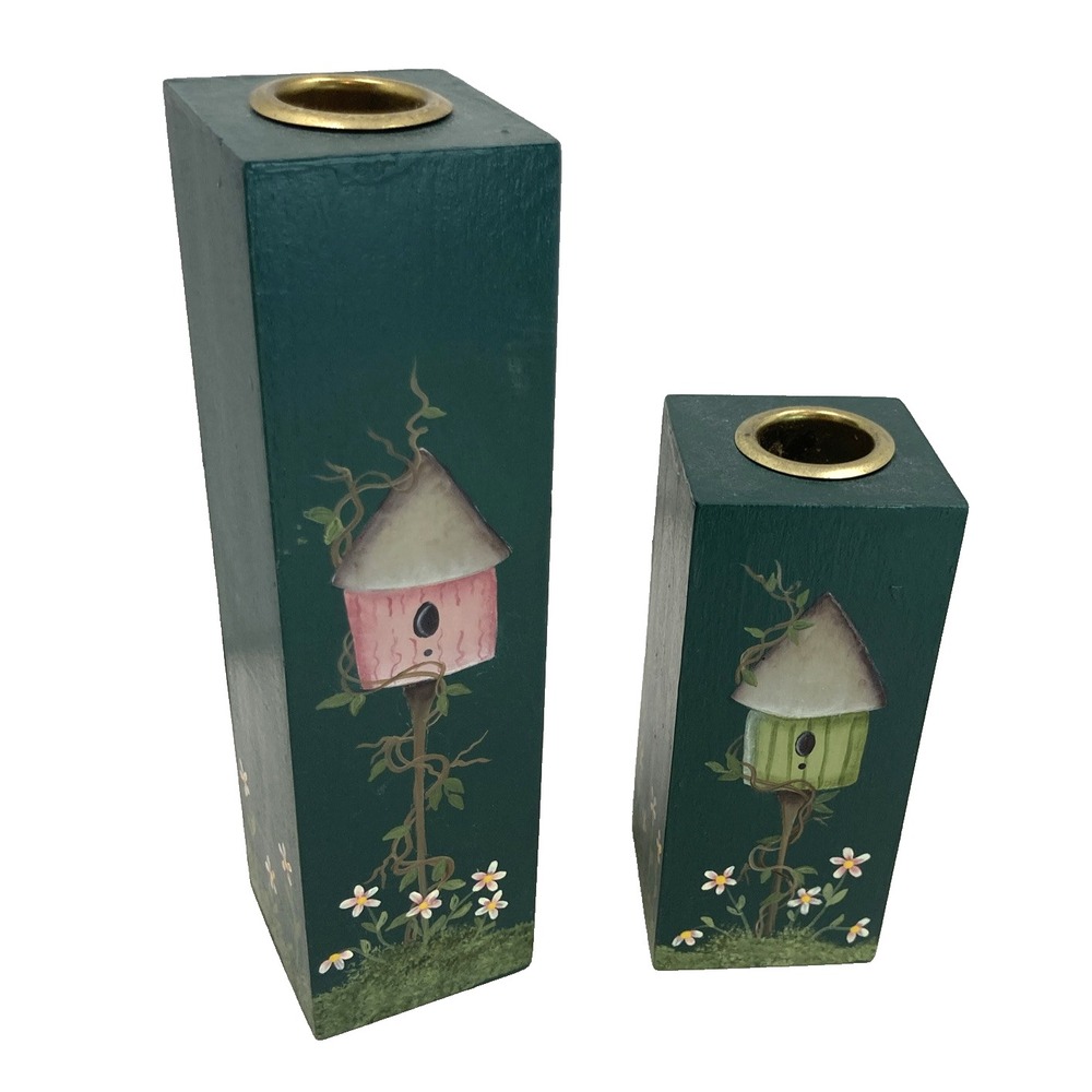 Vintage Wooden Hand Painted Birdhouse Floral Candle Holders Cottage Core 7" & 4"